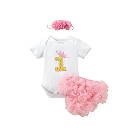 

Chollius Toddler Baby Girls Summer Suits Letter Short Sleeve Romper Tops Elastic Tulle Shorts Headband/Brooch 3Pcs Sets
