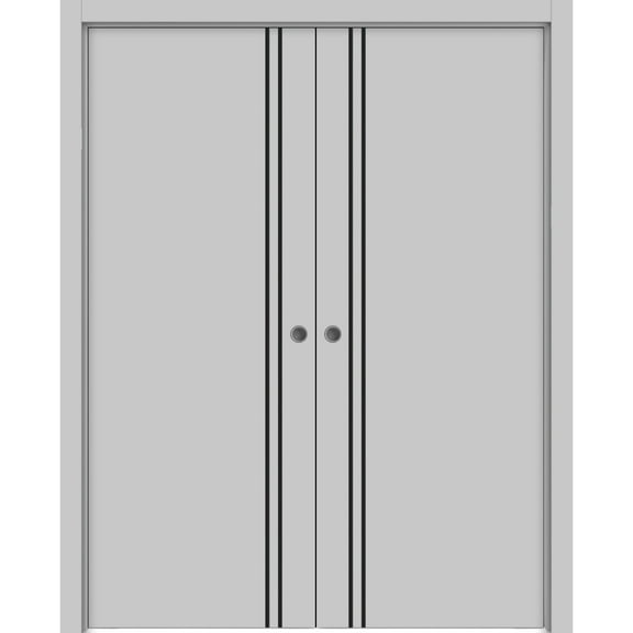 Sliding French Double Pocket Doors 36 x 80 inches | Planum 0016 Grey Matte with Frosted Glass | Kit Trims Rail Hardware | Solid Wood Interior Bedroom Sturdy Doors