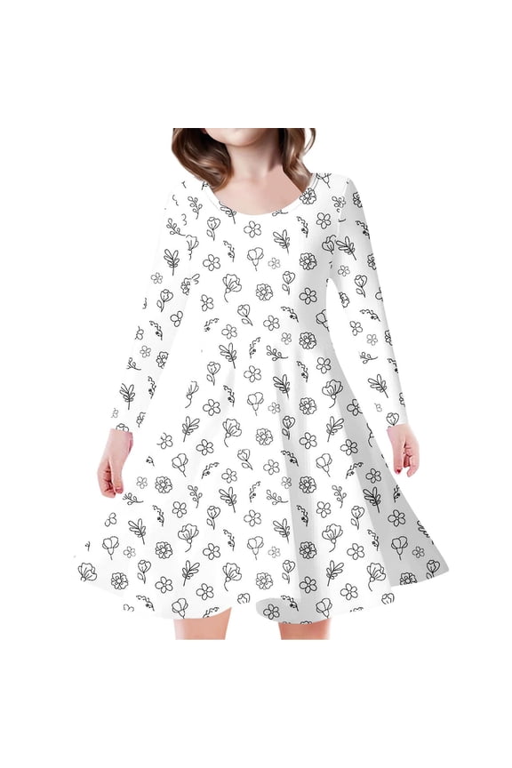 Girls Dresses Summer Playful Graffiti Pattern Crew Neck Long Sleeve Creative Art Print Casual Everyday Princess Daywear Apparel
