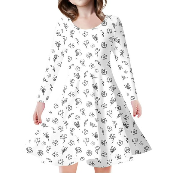 Fshinging Spring Dresses For Toddler Girls 2025 Spring Long Sleeve Full Flower Print A-Line Casual Party Sundress Size 8-9 Years