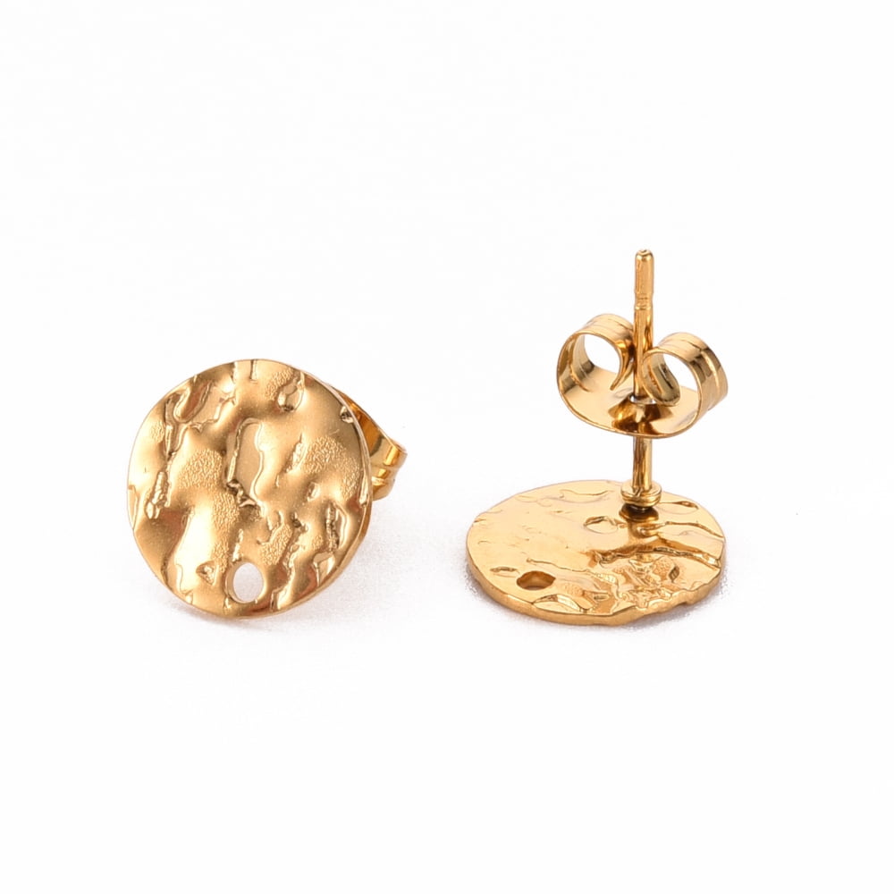 304 Stainless Steel Stud Earring Findings with Earring Backs Flat Round Real 18K Gold Plated 10mm Hole: 1.2mm Pin: 0.8mm
