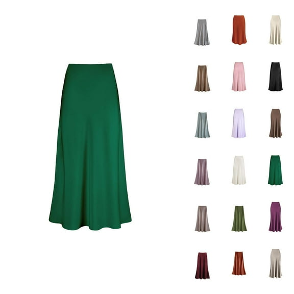 Women Satin High Waist Hidden Elastic Waist A-Line Long Maxi Elegant Skirt