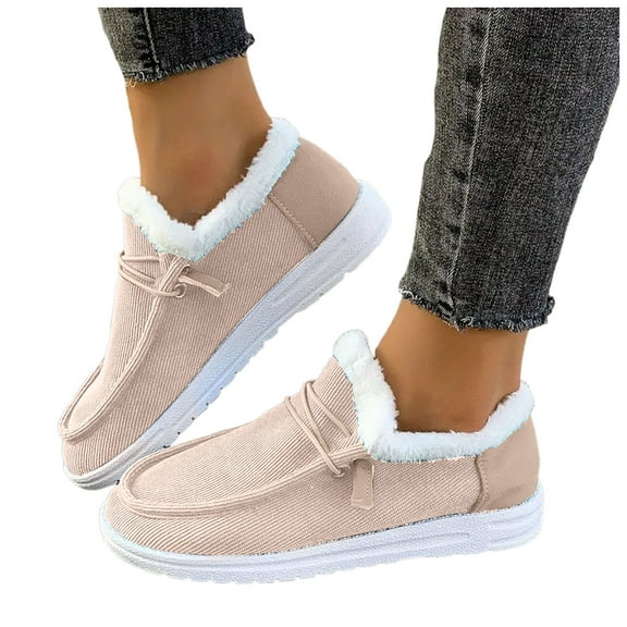 Women's Winter Snow Boots with Fleece Lined Cozy Warm Slip on Penny Loafers Flats Walking Shoes Casual Ankle Booties Beige Size 6.5