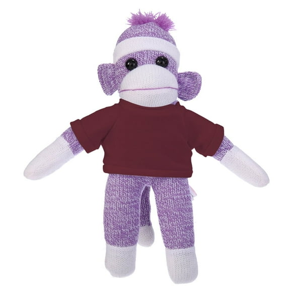 Made by Aliens 10 Inch Purple Sock Monkey with Tee Plush Stuffed Animal Personalized Gift - Custom Text on Shirt - Great Present for Mothers Day, Valentine Day, Graduation Day, Birthday (Maroon)
