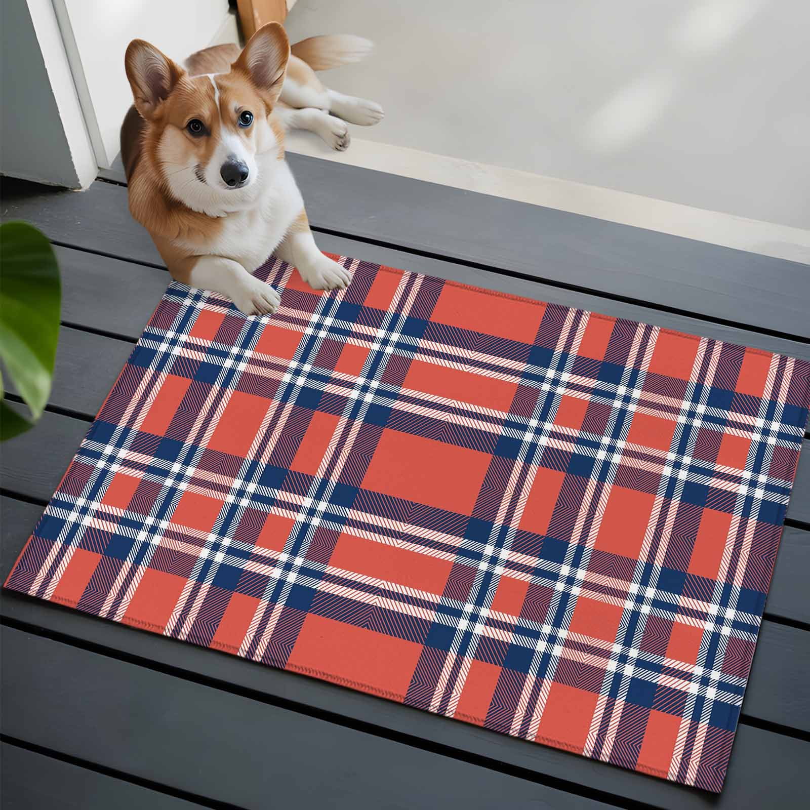 Orange Blue Bathroom Mats 2x3 FT, Non Slip Small Kitchen Mat, British Style Buffalo Plaid Lattice Washable Soft Backed Front Door Throw Rugs Non-Shedding Indoor Outdoor Doormat for Entryway Sink
