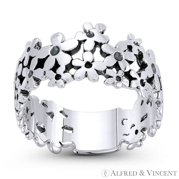 Daisy Flower Charm Band Right-Hand Boho Stackable Ring in Oxidized .925 Sterling Silver