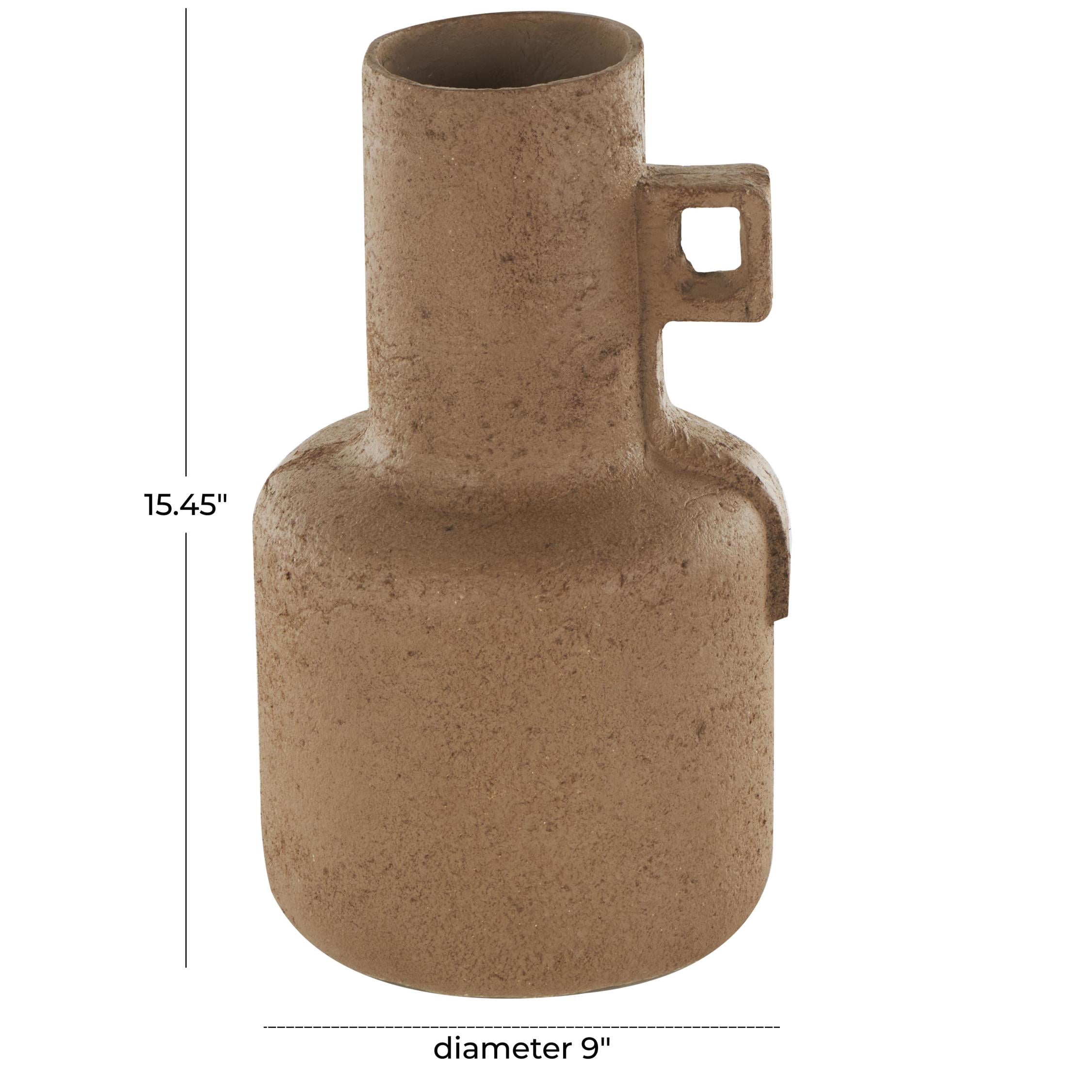 DecMode 15" Abstract Distressed Textured Brown Paper Mache Vase with Geometric Handle
