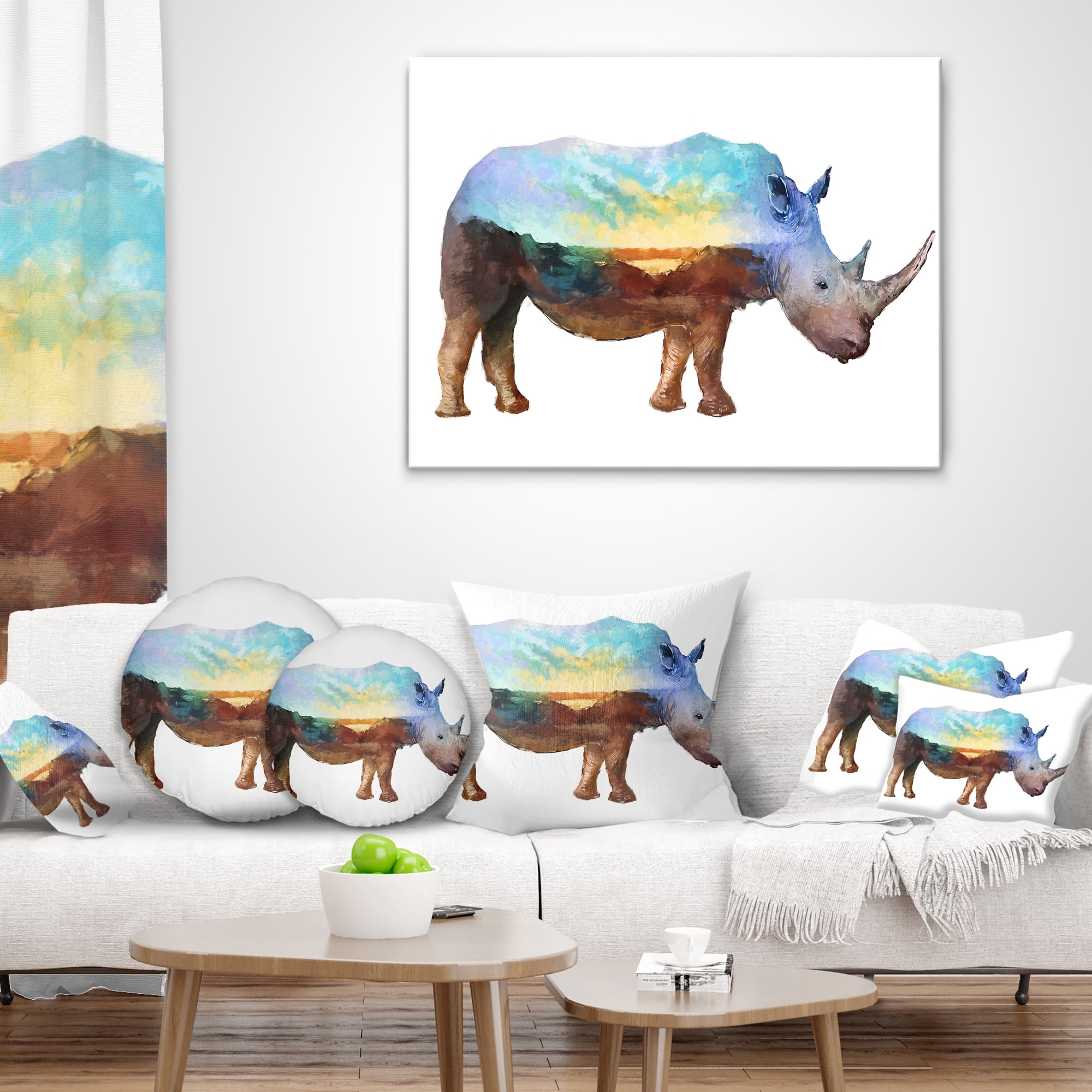 Designart Rhino Double Exposure Illustration - Animal Throw Pillow - 12x20