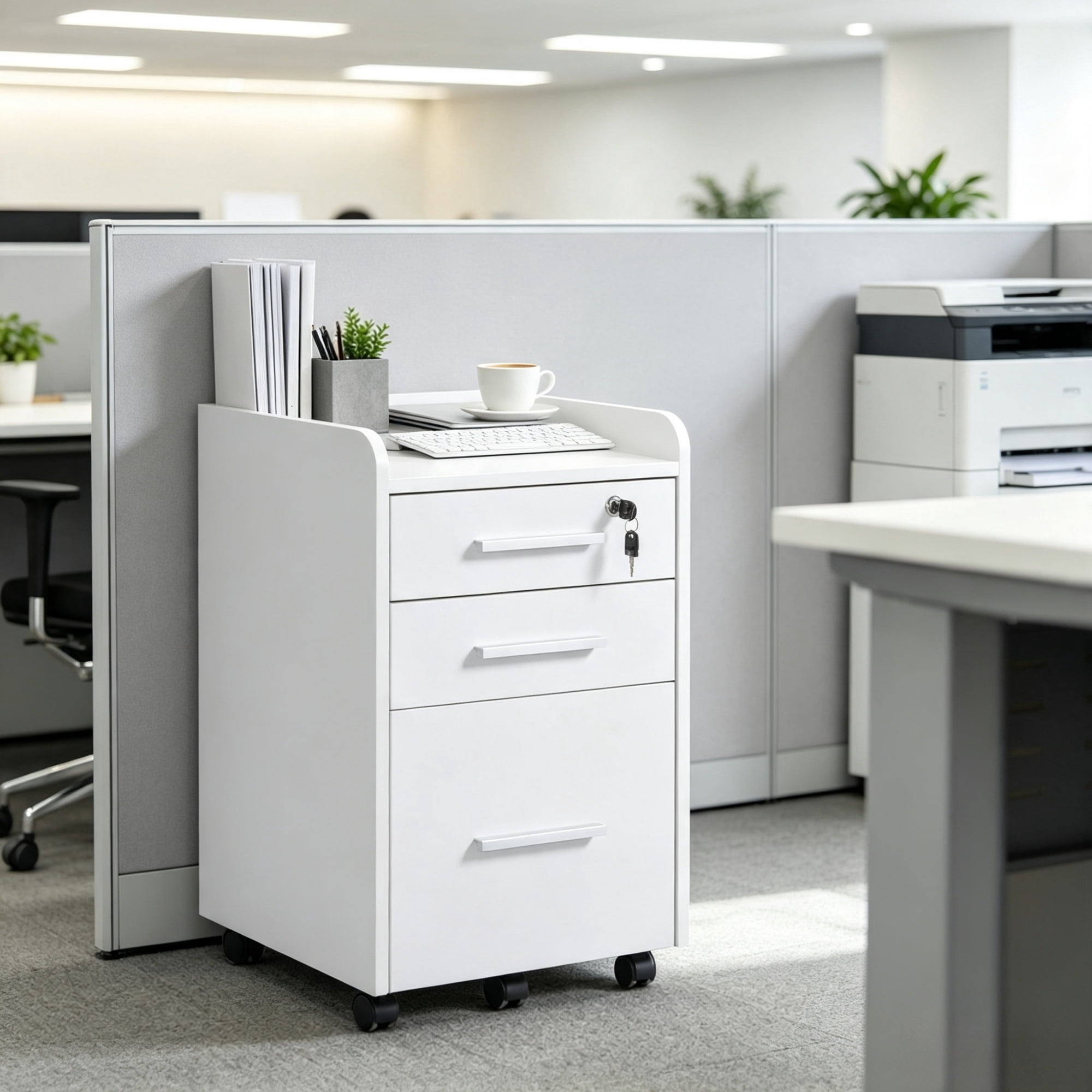 3 Drawer Mobile File Cabinet, for Office Document Organization, Lockable, Edged Top, Rolling, White