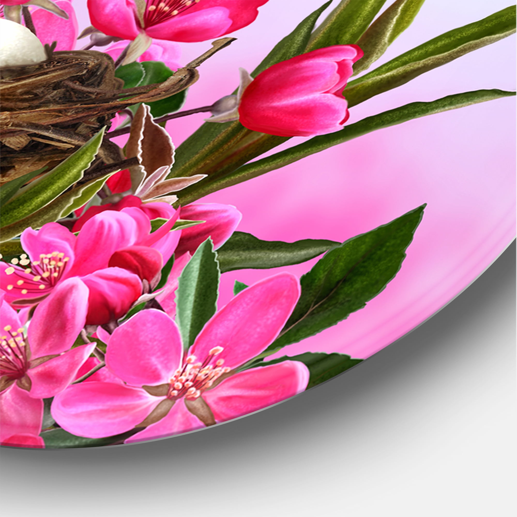 Designart 'Little Yellow Bird Near The Nest with Pink Flowers' Traditional Circle Metal Wall Art 36x36 - Disc of 36