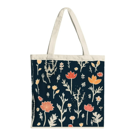 Vintage Floral Tote Bag - Dark Navy Canvas with Orange Red & Yellow Flowers Cream Handles - Multifunctional Reusable Shopping Bag for Parties Travel & Shopping
