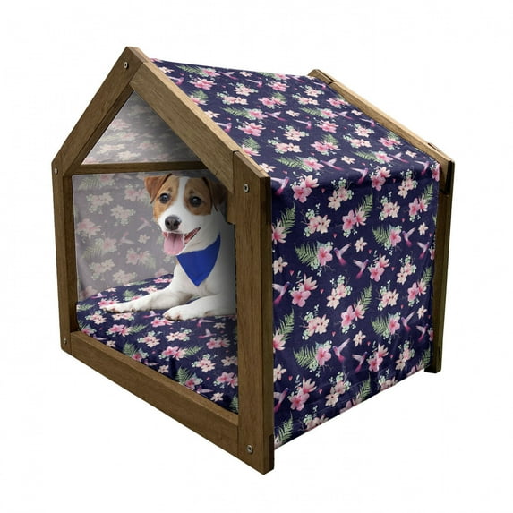 Navy and Blush Pet House, Tropical Flower Bouquets and Flying Hummingbirds Tiny Little Hearts, Outdoor & Indoor Portable Dog Kennel with Pillow and Cover, 5 Sizes, Indigo Green Pink, by Ambesonne