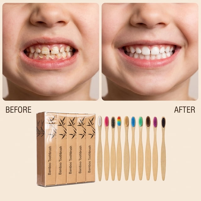 Pisexur Belleza Maquillaje Cepillos de dientes de cerdas medianas - Paquete familiar de 10 cepillos de dientes de maderapara mujeres y hombres