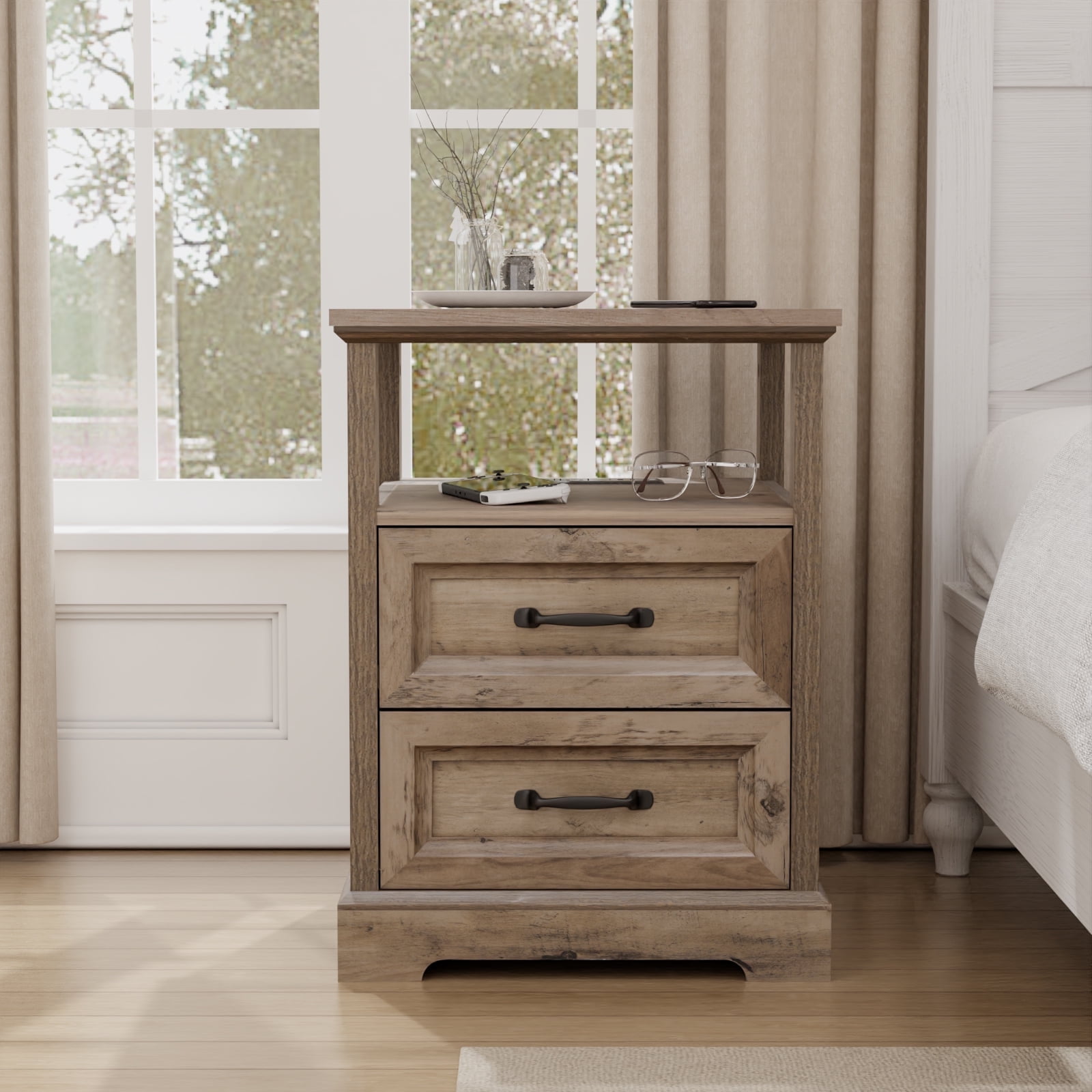 Hommpa Farmhouse End Tables for Living Room, Nightstand with Charging Station, Rustic Sofa Side Table with 2 Drawers and Storage Shelf, Bedside Cabinet for Bedroom, Light Ivory