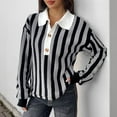 thumbnail image 2 of Womens Striped Pullover Sweater Soft Fleece Knit Sweaters Polo Henley Lapel Loose Fit Shirts Button Top Stylish Fall Jumper Versatile Casual Workwear School Blouses Clothing, 2 of 7