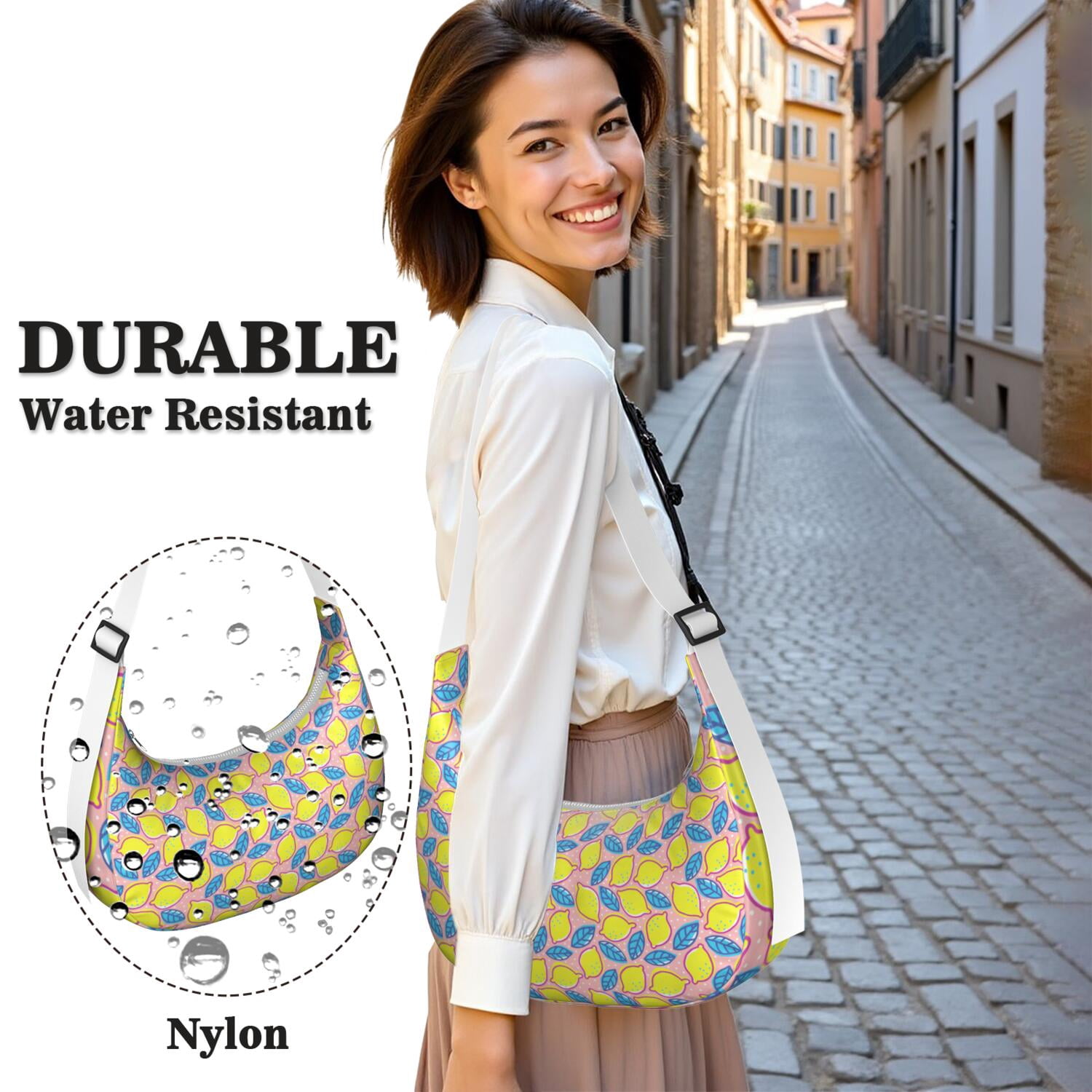 Lemon Lover Shoulder Bag for Women, Yellow Fruit Print Lightweight Crossbody Purse, Modern Summer Hobo Tote, Water-Resistant Nylon Handbag with Spacious Interior