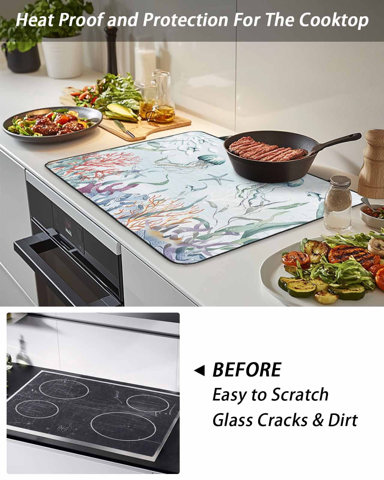 Stove Top Covers for Electric Stove, Green Jellyfish Coastal Glass Stovetop Cover Protector, Summer Beach Coral Starfish Nautical Induction Cooktop Protector Oven Mat for Kitchen Countertop 24"x21"