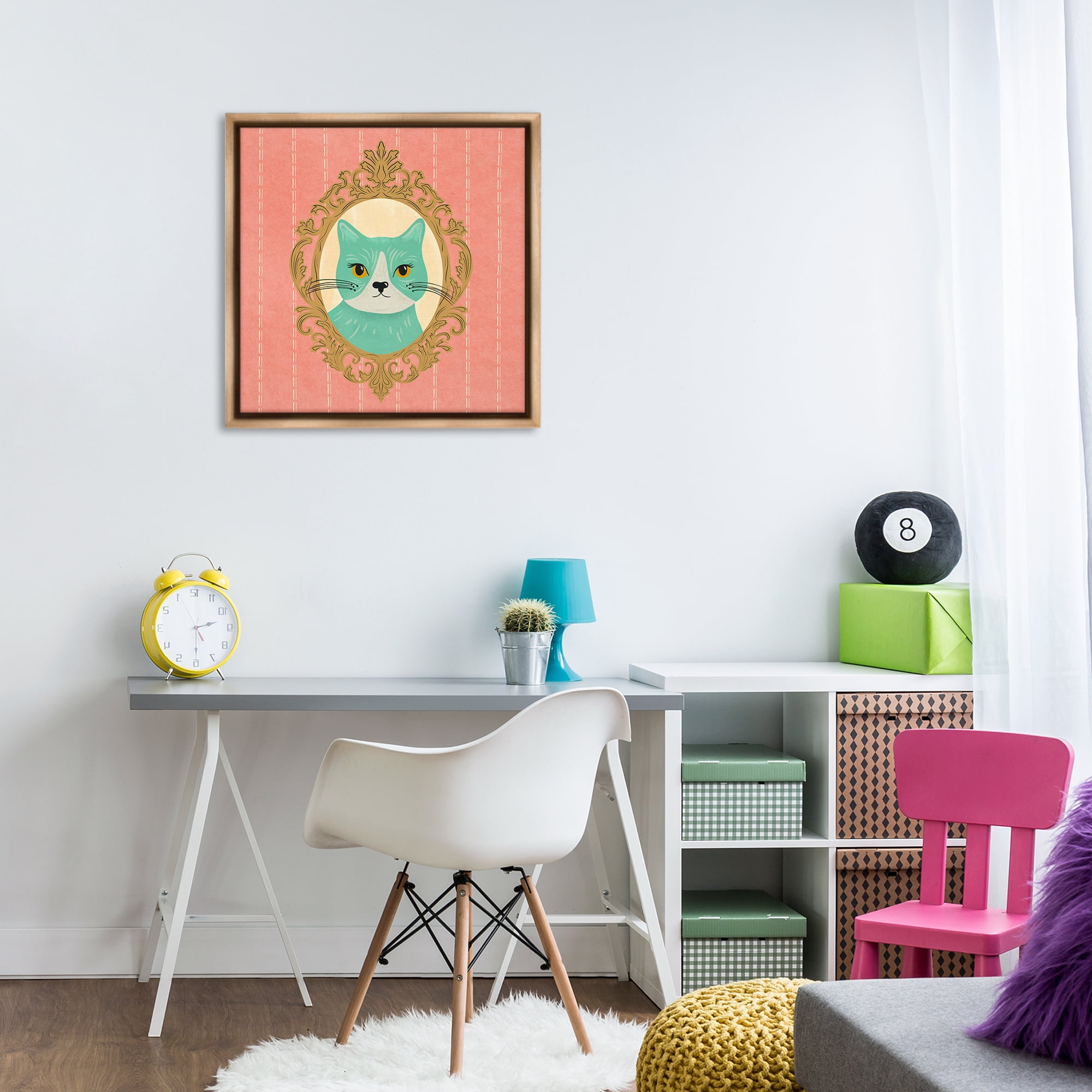 Stupell Industries Green Cat Portrait Animals Painting Brown Floater Framed Canvas Art Print Wall Art, 25 x 25