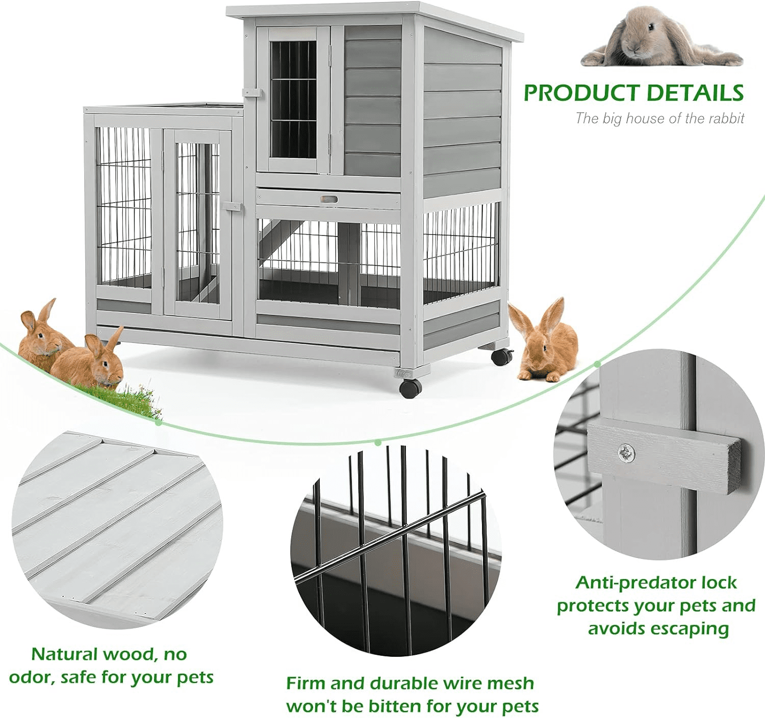 YODOLLA 37 inches Guinea Pig Cage Rabbit Hutch for Small Animals Bunny House with Removable Trays Grey