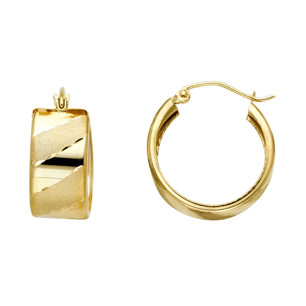 14k Yellow Gold Round Wide Hoop Earrings Satin Finish Diagonal Diamond Cut French Lock 18 x 18 mm