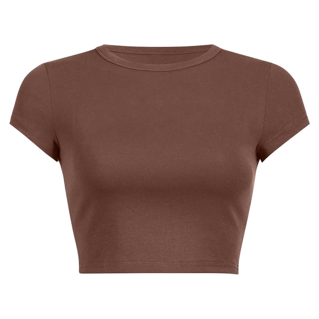 Prolriy Hauts d'Été pour Femmes 2025 T-Shirt Court à Col Rond Uni d'Été pour Femmes Hauts Marron2 m
