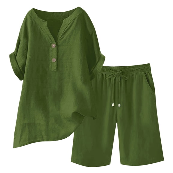 Qiopertar Linen V-Neck Button Down Shirt and Shorts Set for Women Casual Loose Outfit Spring Summer Beach Vacation Comfy Two Piece Set, Green 4XL