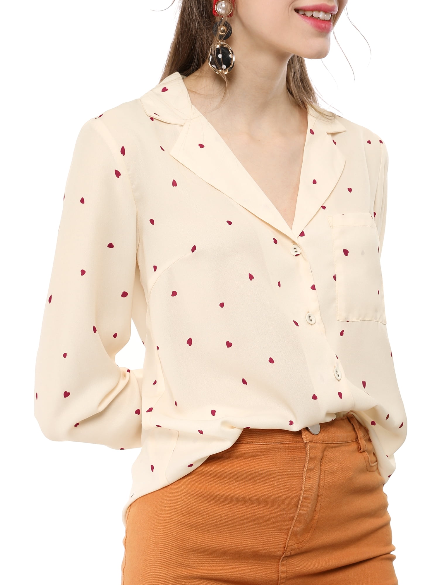 DARING DIVA Women's Notched Lapel V Neck Heart Polka Dots Shirt L Beige