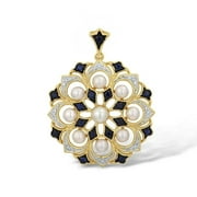 Gallery Gems Freshwater Pearl, Sapphire & Diamond Cluster Pendant Necklace in solid 14K Yellow Gold 0.50ctw