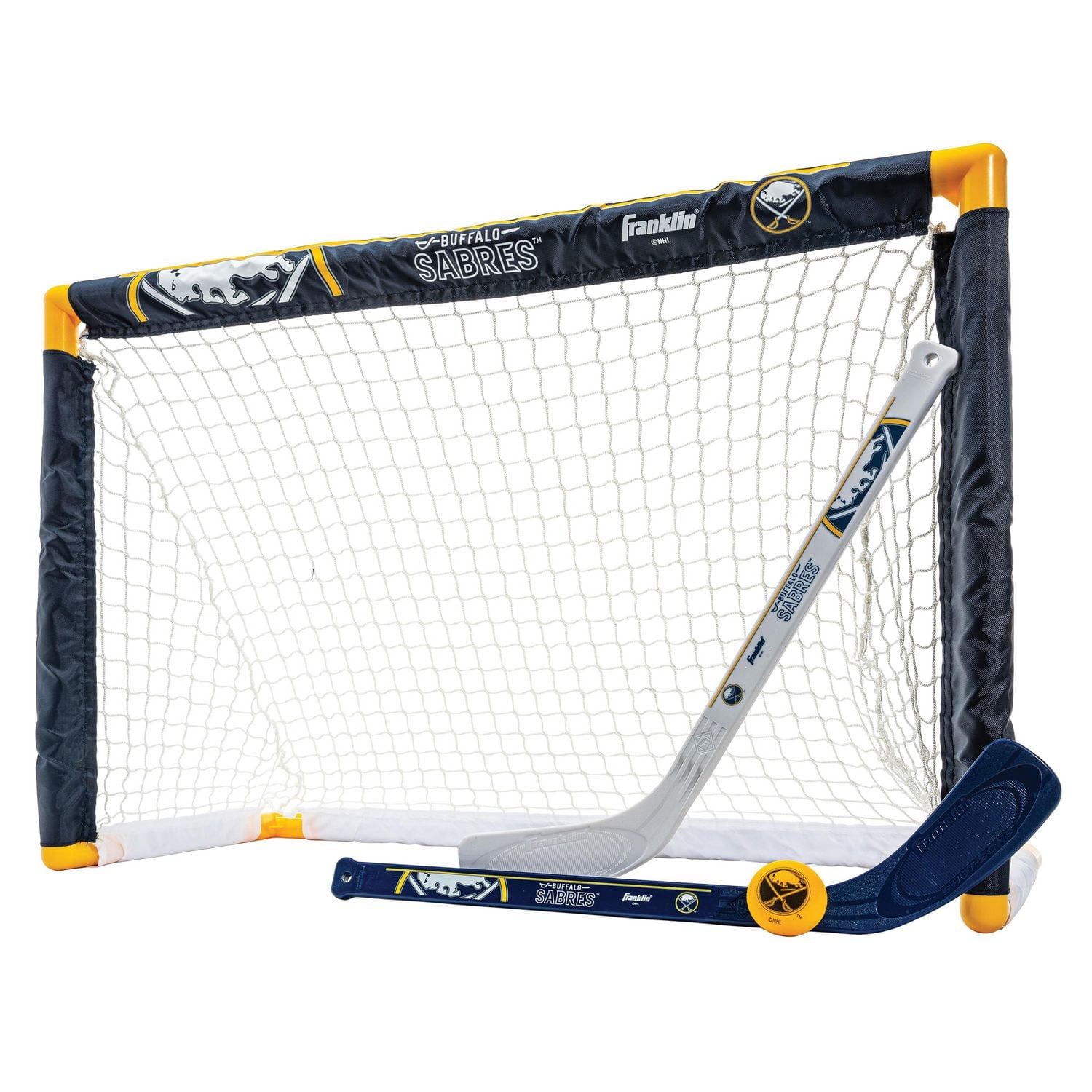 Franklin Sports Ensemble de mini hockey Sabres de la NHL – But de hockey intérieur pour enfants, ballon, 2 mini bâtons de hockey