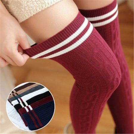 Women Knit Cotton Over The Knee Long Socks Striped Thigh High Stocking Socks
