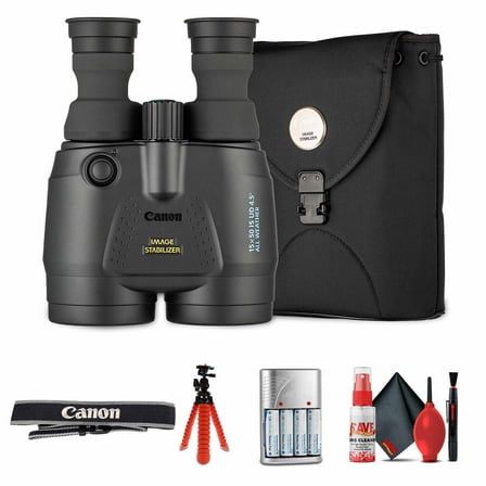 Canon 15x50 IS All-Weather Image Stabilized Binoculars – High-Power 15x Magnification, Wide Field of View, Weather-Resistant Design   Flexible Tripod   4x AA with Charger   Cleaning Kit (Bundle)