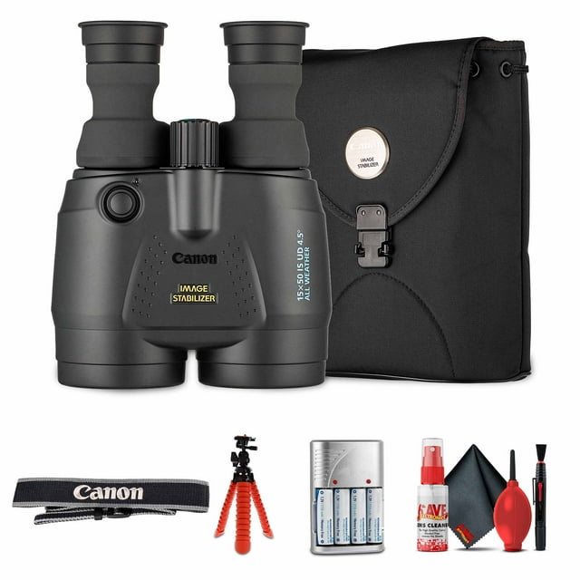 Canon 15x50 IS Image Stabilized Binoculars Bundle with Tripod, AA Batteries, Charger, Cleaning Kit (International Model)