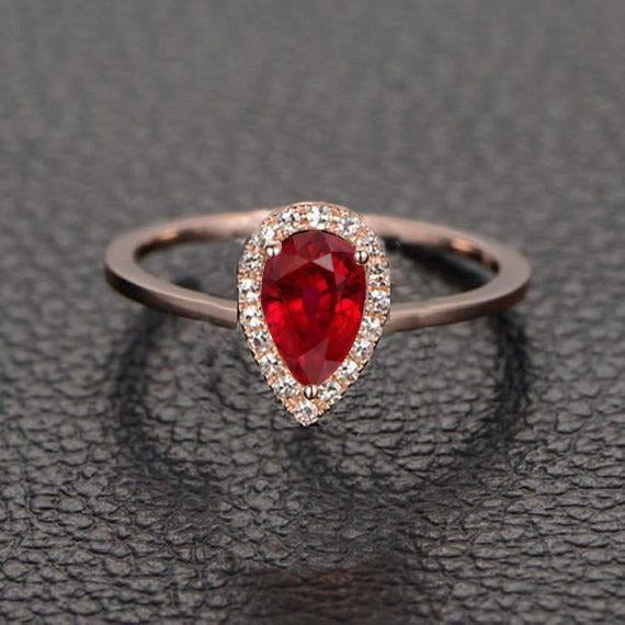 Vintage Design 1.25 Carat Red Ruby 8x5mm Pear Cut And Moissanite Diamond Engagement Ring in 10k Rose Gold for Women on Sale