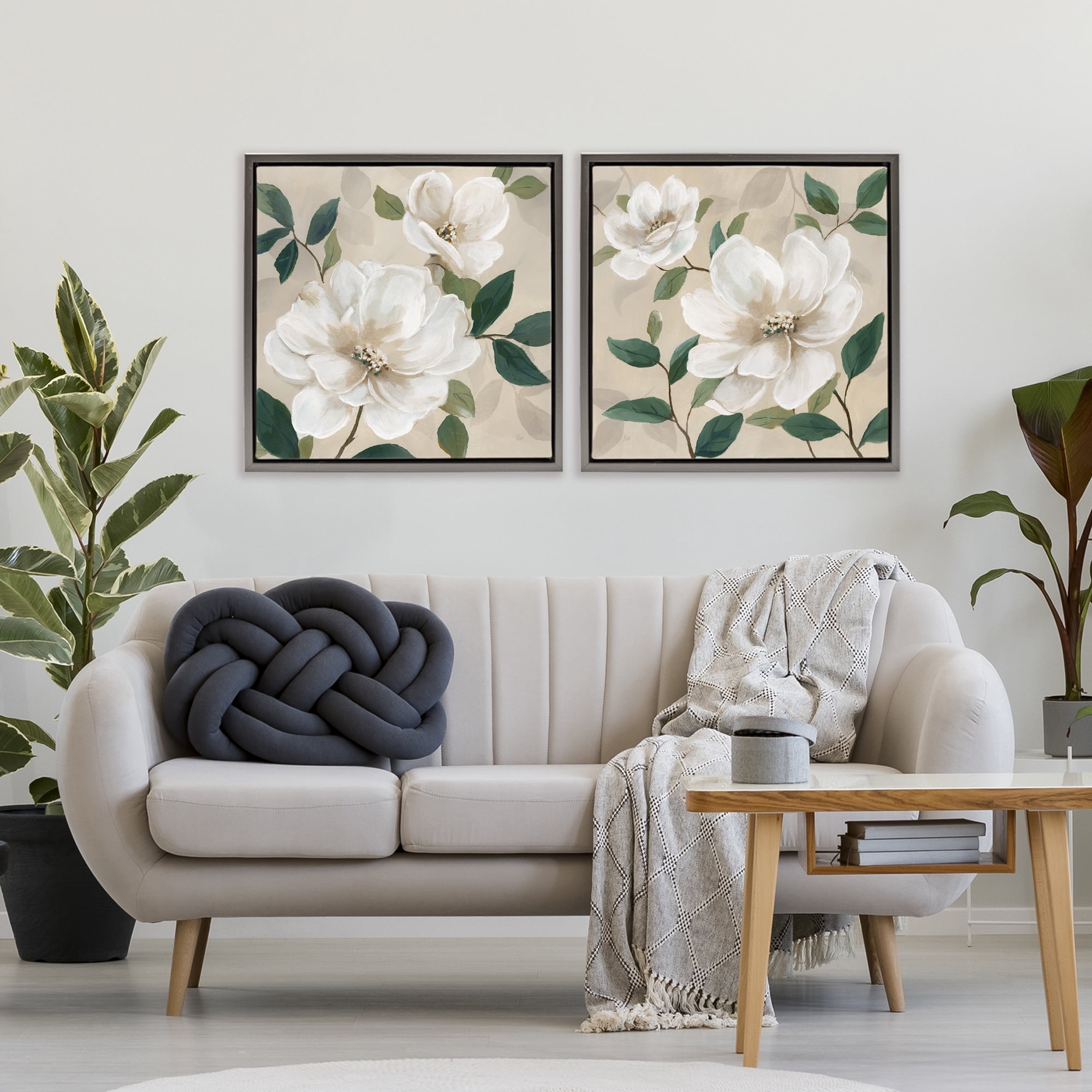 Stupell Industries Serene White Blossoms & Foliage 2 Piece Gray Framed Floater Canvas Set, design by Nan