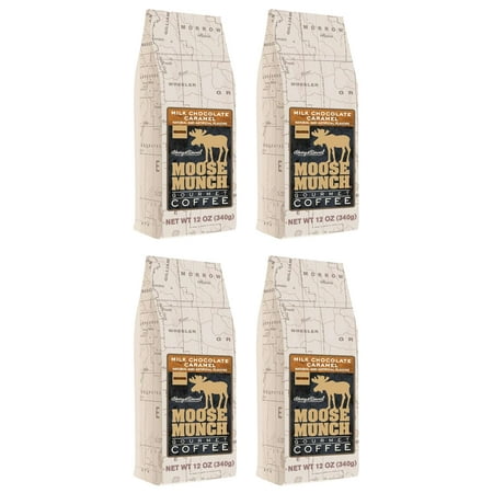 Moose Munch Milk Chocolate Caramel Ground Coffee – 4 Pack, 12 oz Bags – Rich Chocolate & Creamy Caramel Flavored Coffee