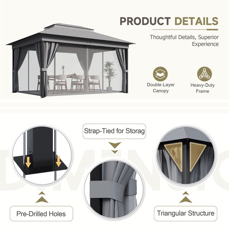 Devoko 10×13 ft Outdoor Pop Up Gazebo with Mosquito Netting，Double Roof Gazebo with Double Curtains for Backyard, Garden and Patio,Gray