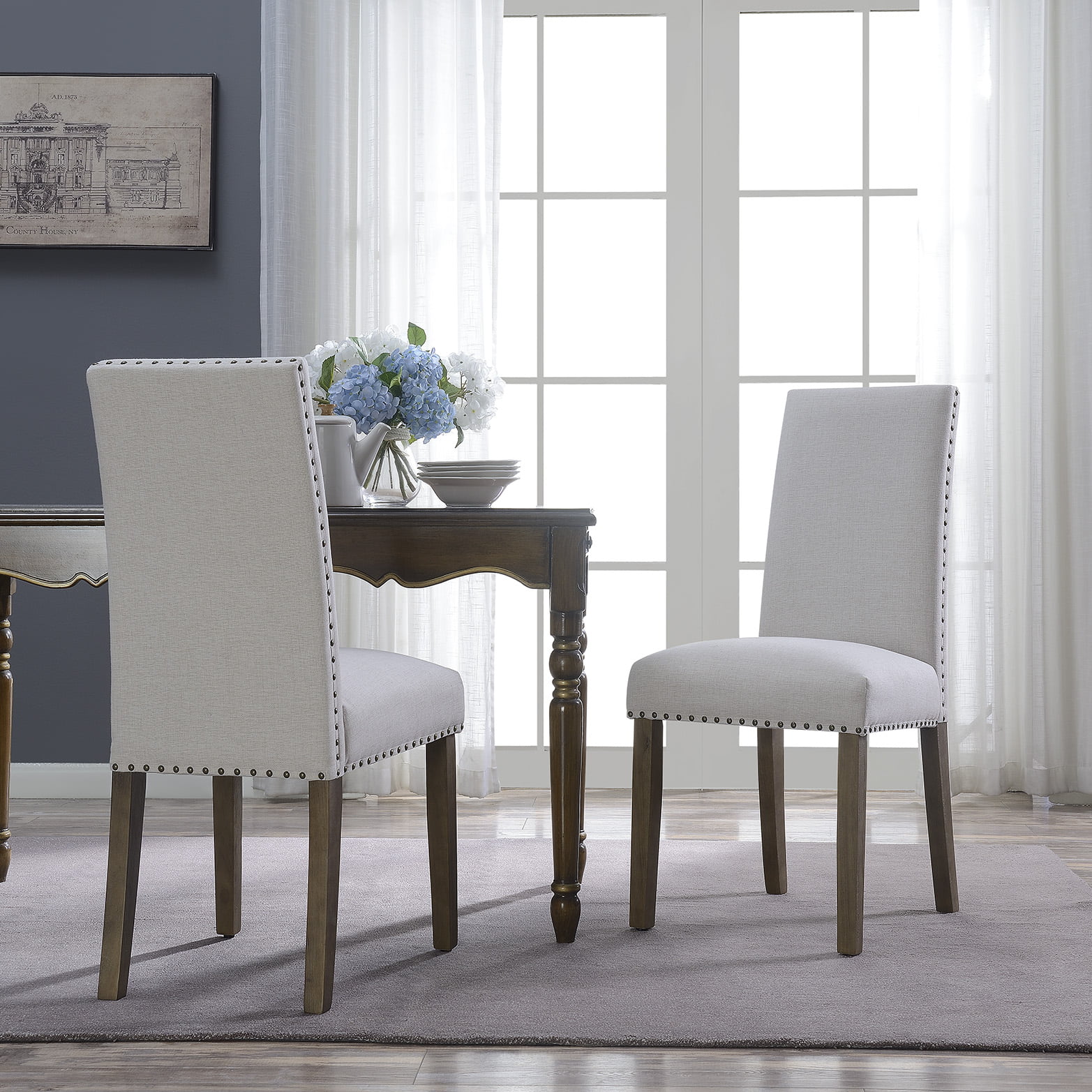 BELLEZE Set of (2) Dining Chairs Linen Armless Nailhead Trim Accent ...