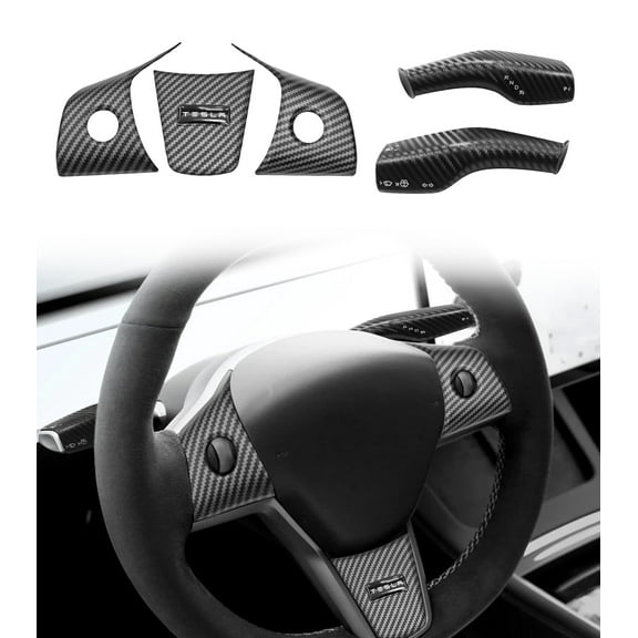 Steering Wheel Panel Wrap Trim Kit Cover And Gear Shifter Cover Replacement For 2017-2023 Tesla Model 3 Interior Accessories Black(5pcs/Set,Matte Carbon)