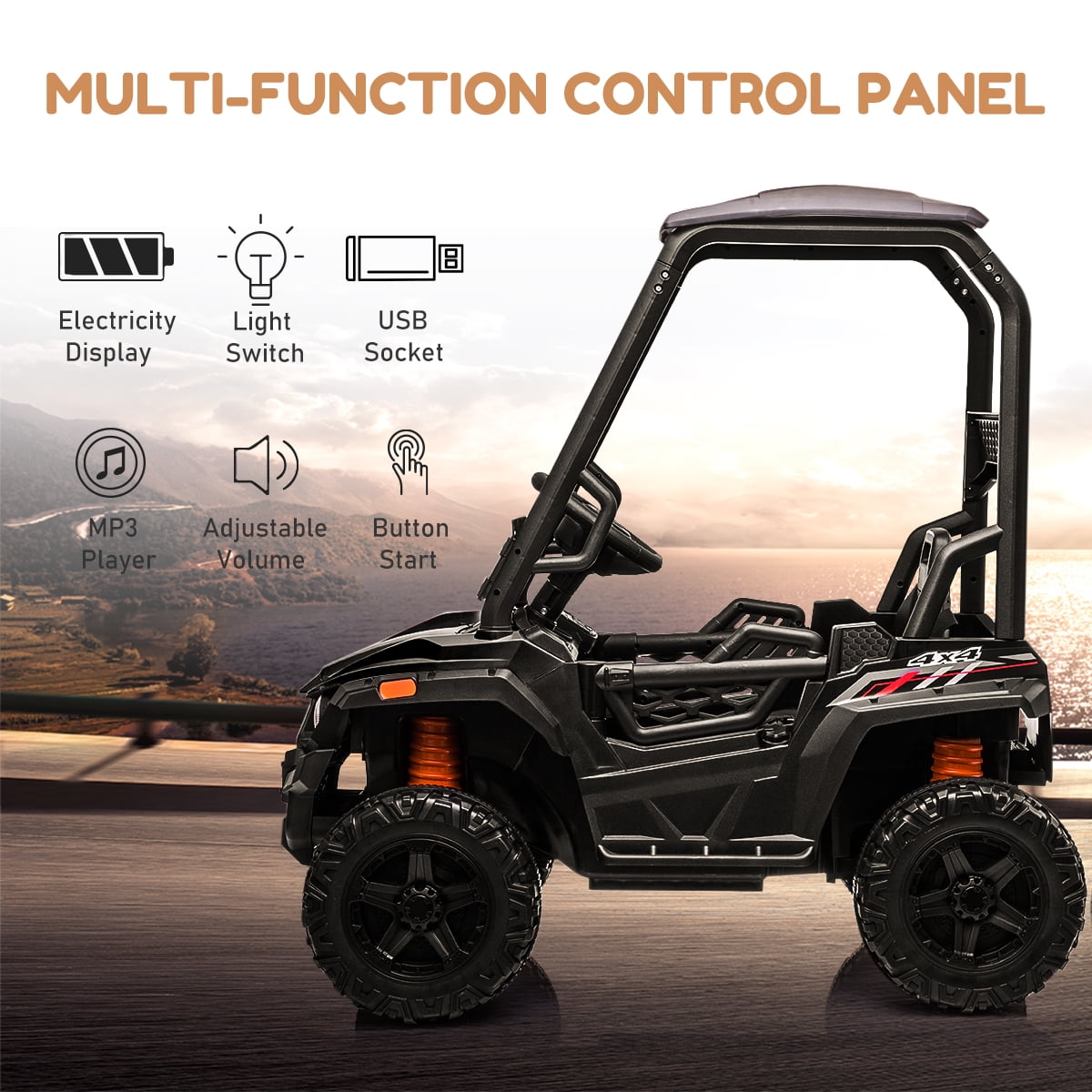 Kepooman 12V Kids Electric Off-Road UTV for Indoor Outdoor Play, Child' s Battery Powered Ride-On UTV Truck Car Toys with Ceiling & Remote Control & Music, Black
