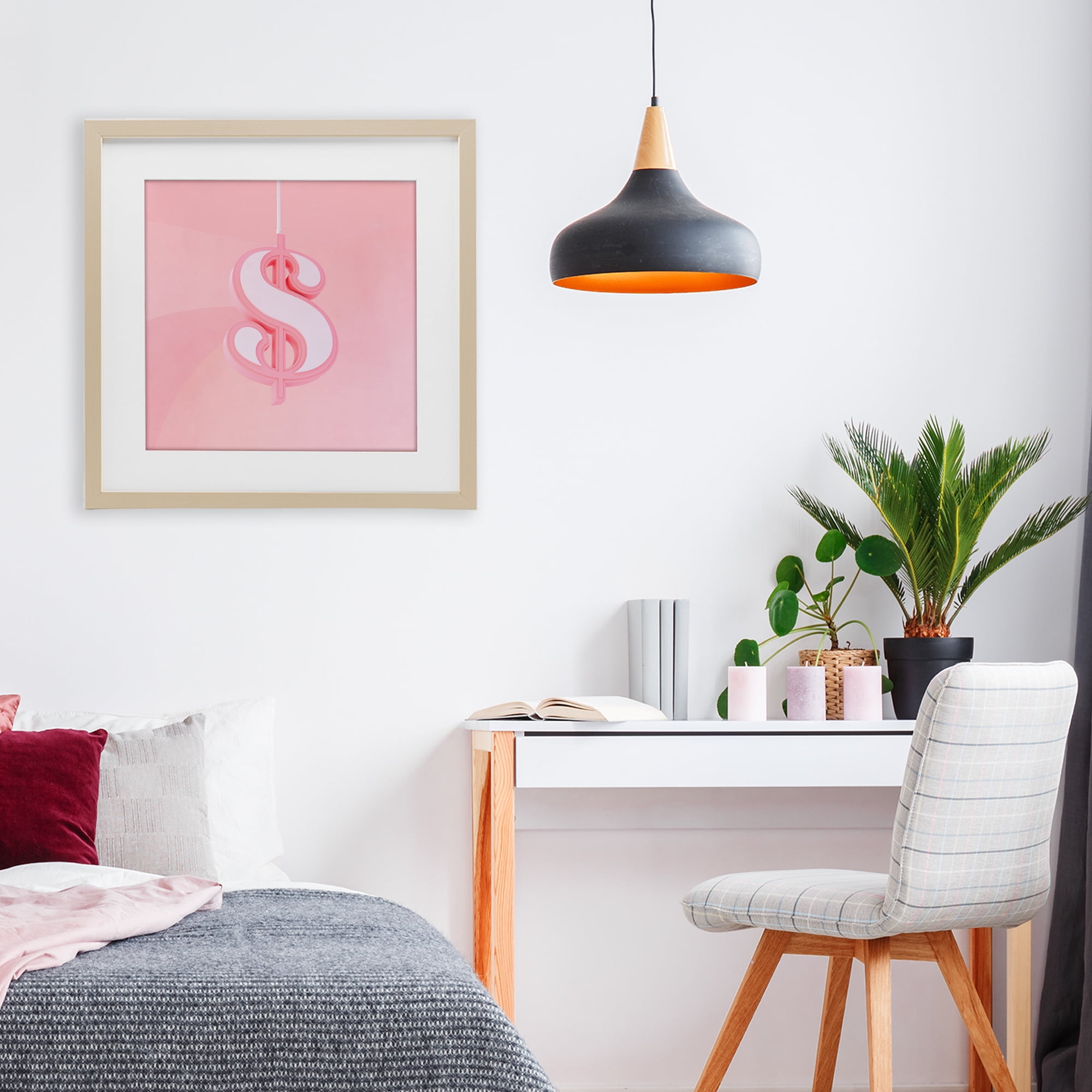 Pink Pastel Dollar Sign Birch Framed Print Under Glass, design by LISH Creative