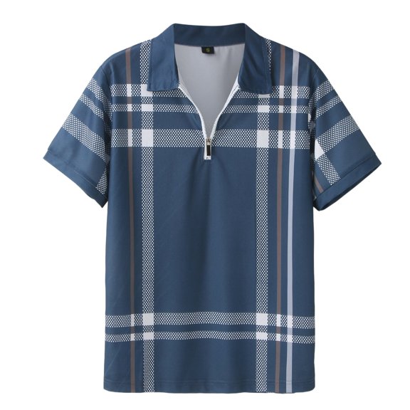 Bibifish Mens Polo Shirts Full Body Plaid Print Half Zip Placket Shirts Mens Spring Summer Vacation Daily Tops