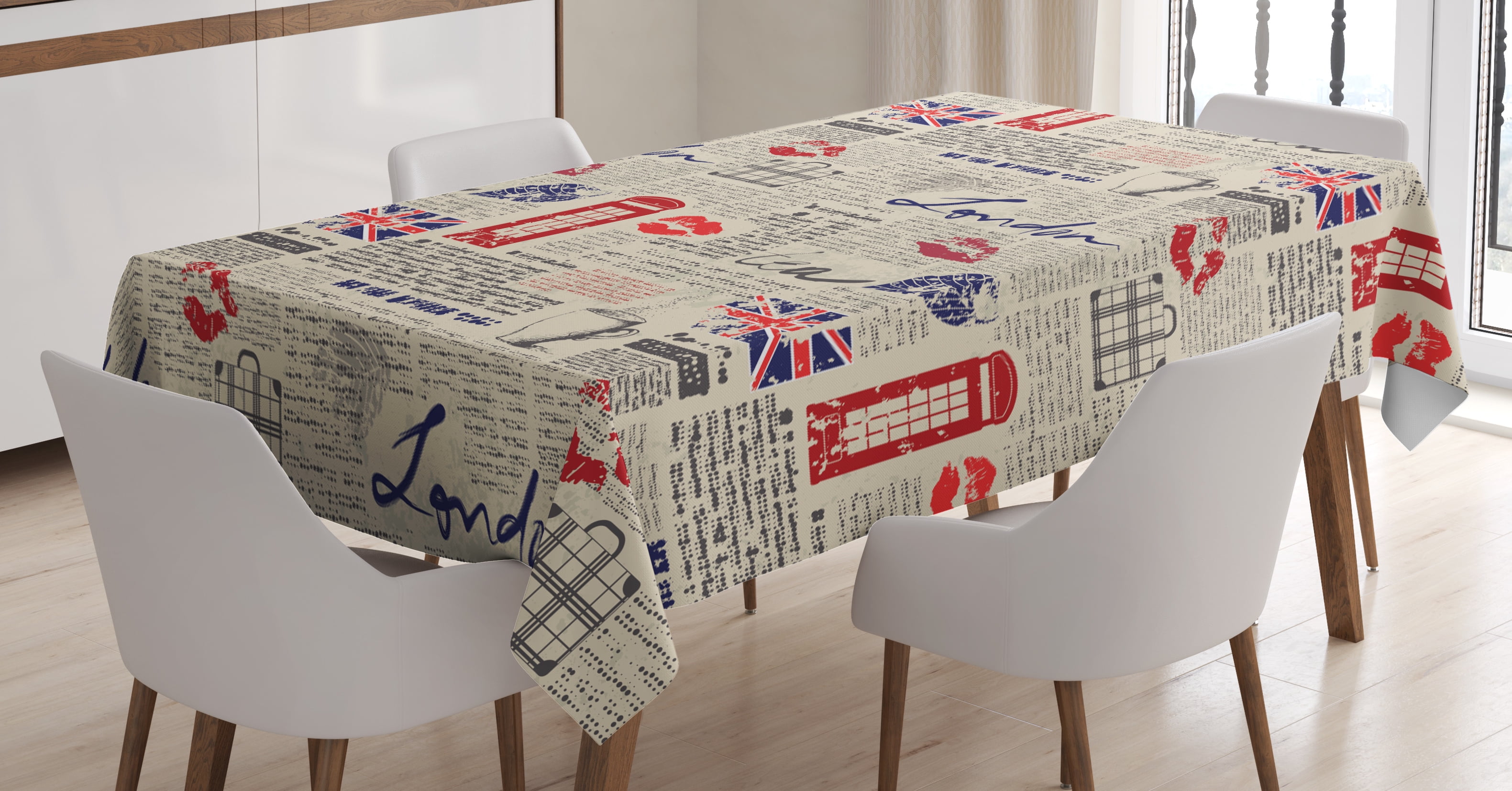Tea Party Tablecloth, London Newspaper Inspired Background with Grunge