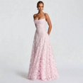 thumbnail image 3 of Pink Spaghetti Strap Square Neck Floral Appliqué Mesh Ruched Waist Flowy Maxi Dress For Formal Evening Party, 3 of 6