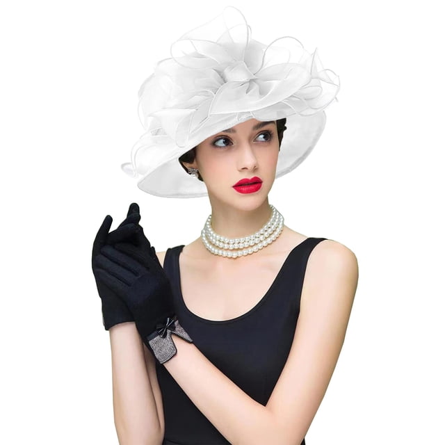 RZTA Sombrero de vestir de iglesia Kentucky Derby para mujer, ala ancha, flor de hoja, sombrero de despedida de soltera