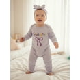 thumbnail image 4 of BemeyourBBs Newborn Baby Girls Mardi Gras Outfits Carnival Romper Waffle Knit Striped Bow Letter Embroidery Long Sleeve Jumpsuit Headband Fall Winter Spring Clothes, 4 of 9