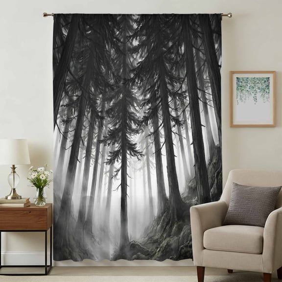Black Forest Silhouette Sheer Curtains 108 Inches Extra Long for Living Room, Nature Misty Trees Light Filtering Privacy Drapes, Breathable Semi Sheer Window Treatment for Floor to Ceiling Window