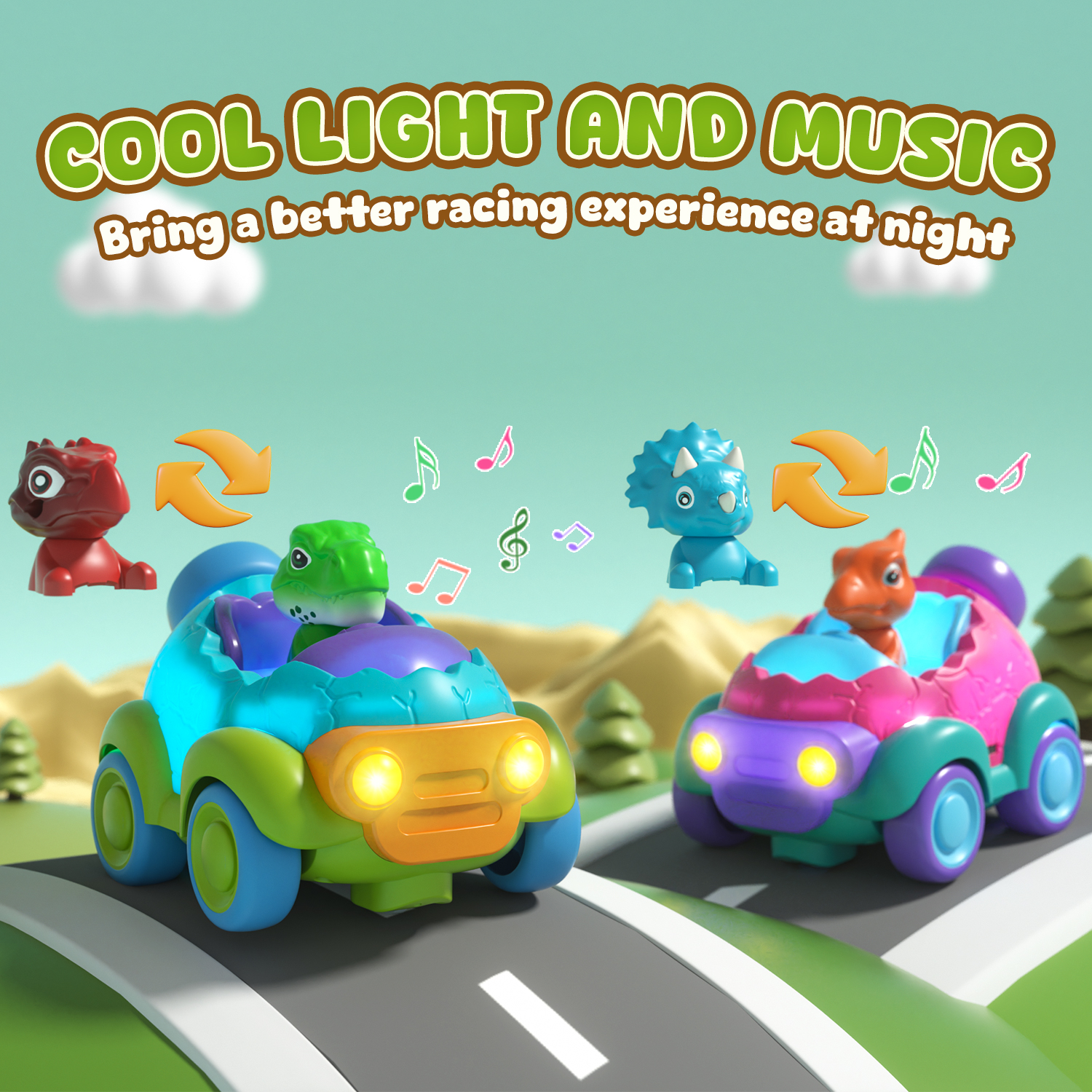 Remote Control Car for Toddlers, Rechargeable RC Cars for Toddler Toys 2-3, Dinosaur Toys for Ages 2-4 with Lights & Music, 2 3 4 Year Old Boy Toys - 2 Pack