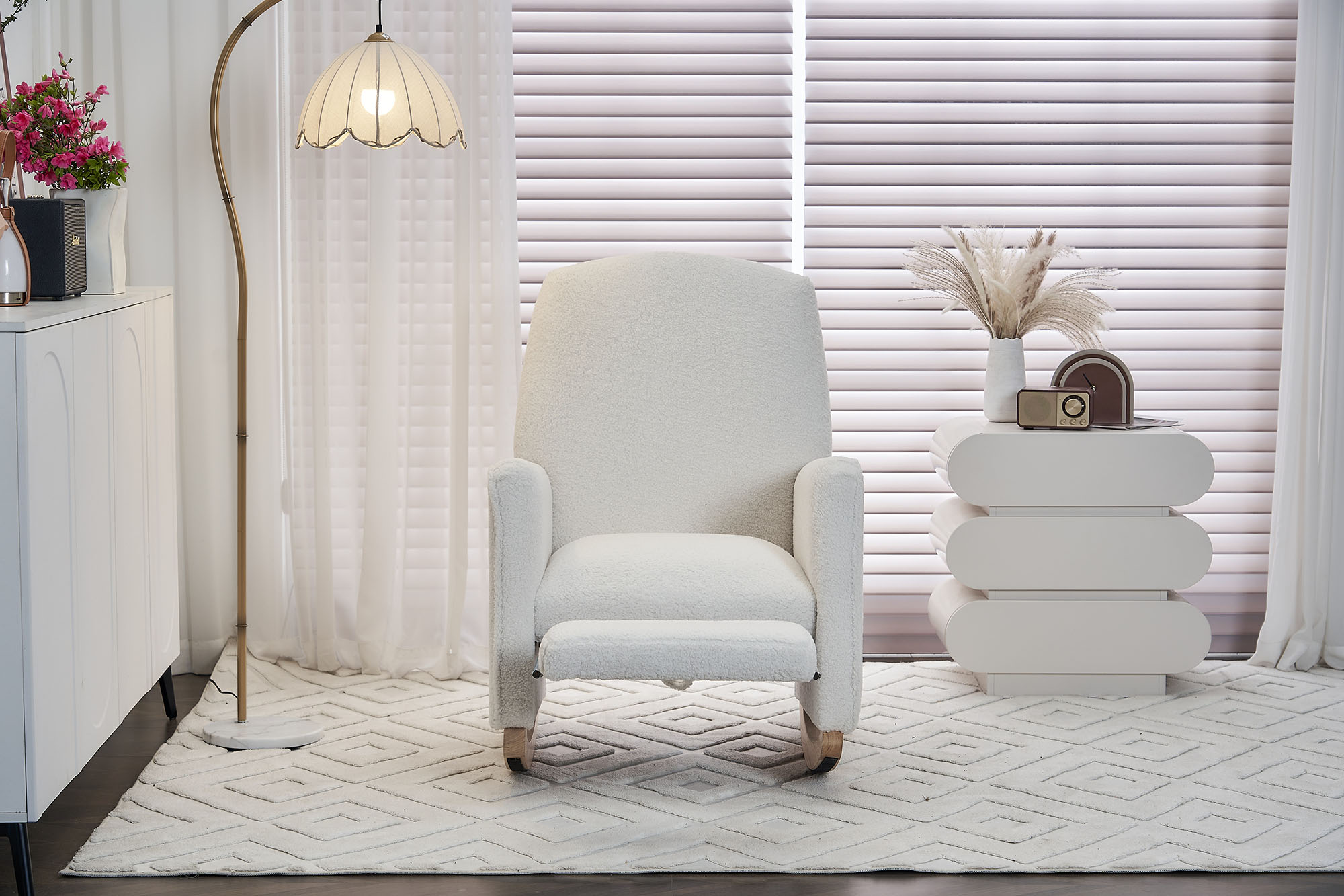 Cotton Linen Rocking Chair Adjustable Footrest, Wooden Legs 300 LBS Capacity Easy Assembly Living Room or Bedroom Furniture