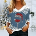 thumbnail image 2 of Women Christmas Outfit Women's Autumn Winter V Neck Long Sleeve T-Shirt with Festive Holiday Print Design for Casual Wear Blue 2XL, 2 of 5