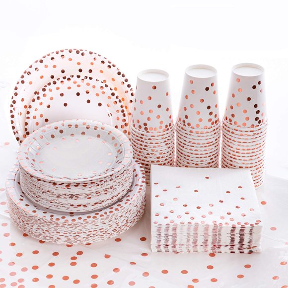 hapray 201PCS Disposable Paper Plates Rose Gold Party Supplies, Rose Golden Polka Dots Birthday and Baptism Decorations, include Plates and Cups, Napkins, Plastic Tablecloth, for Baby Shower Wedding